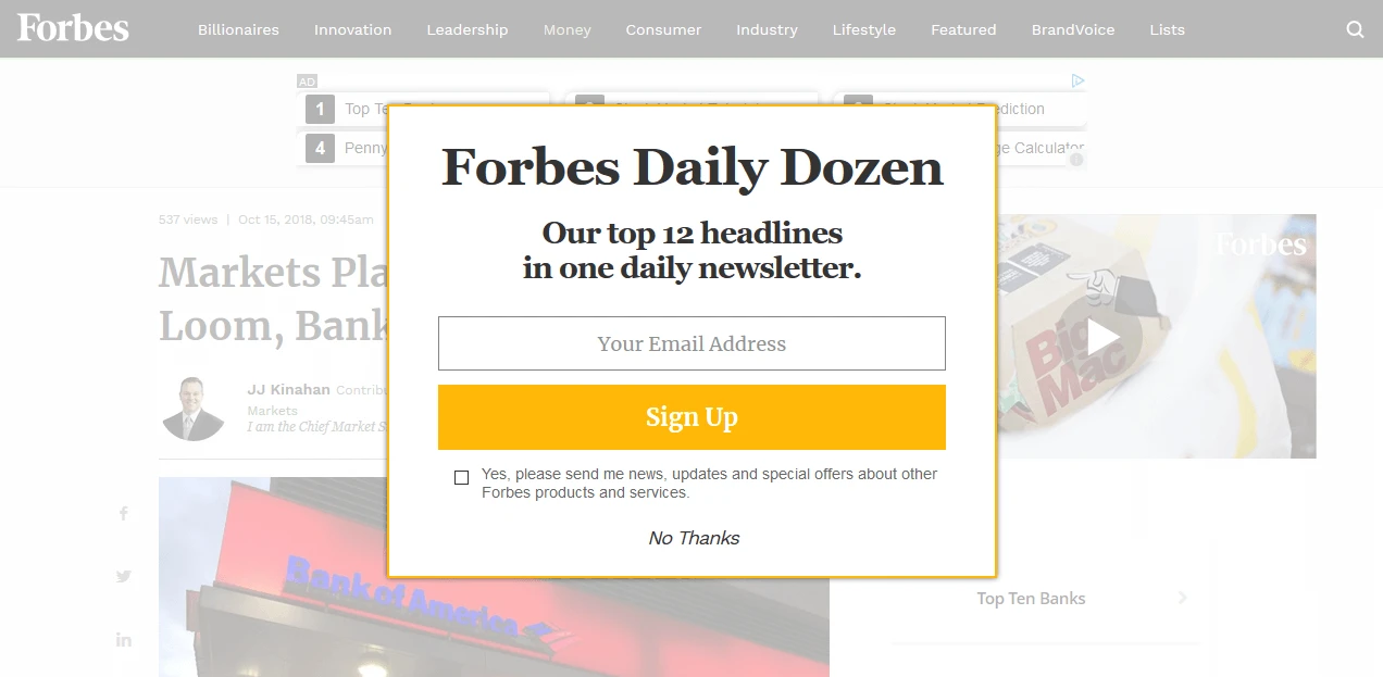 Eine Pop-Up-Box für Newsletter-Anmeldung auf der Forbes Website