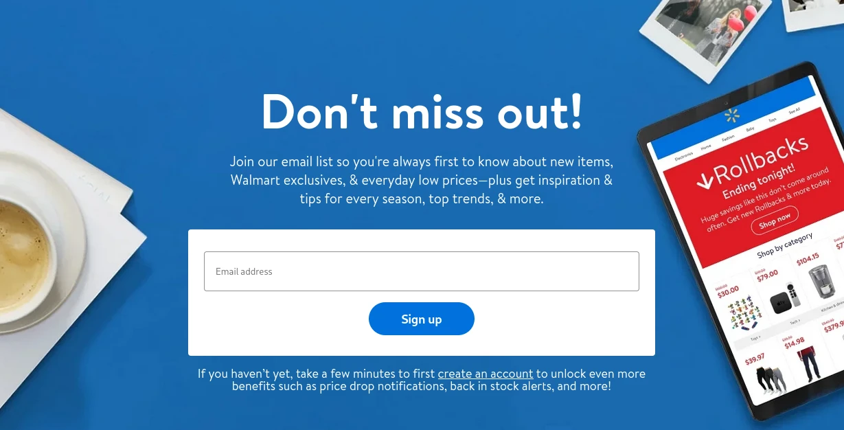 Example of a Walmart newsletter subscription form